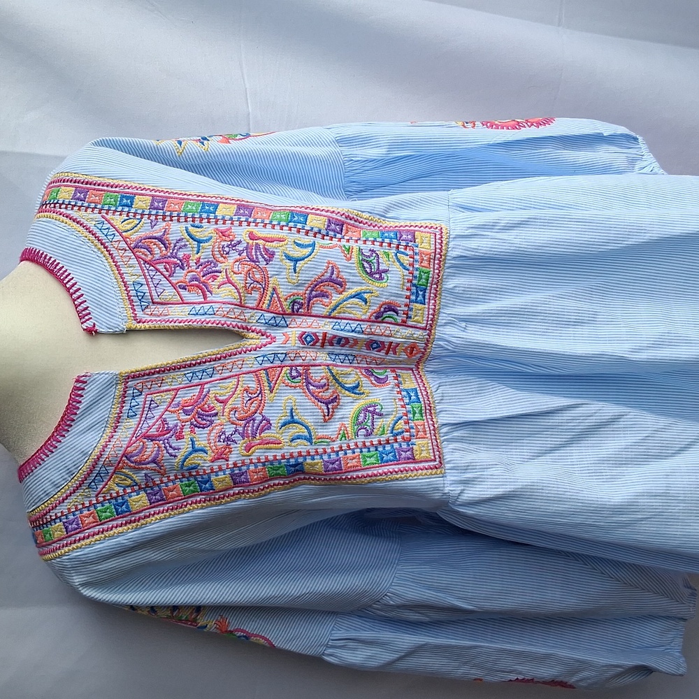 Calessa Embroidered Striped Blouse L Blue Pink